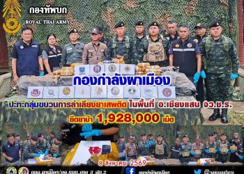 กกล.ผาเมือง ปะทะกลุ่มขบวนการลักลอบลำเลียงยาเสพติด ยึดยาบ้า 1,928,000 เม็ด ในพื้นที่ อ.เชียงแสน จ.เชียงราย 