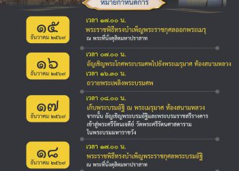 หมายกำหนดการพระราชพิธีถวายพระเพลิงพระบรมศพ สมเด็จพระนางเจ้าสิริกิติ์ พระบรมราชินีนาถ พระบรมราชชนนีพันปีหลวง ระหว่างวันที่ ๑๕ – ๑๙ ธันวาคม ๒๕๖๙